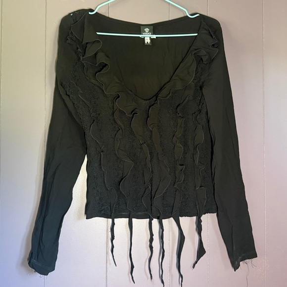 Vintage 2000s Versace Black Ruffle Pleated Top – Seaweed Detail Long Sleeve (S) - Picture 8 of 10